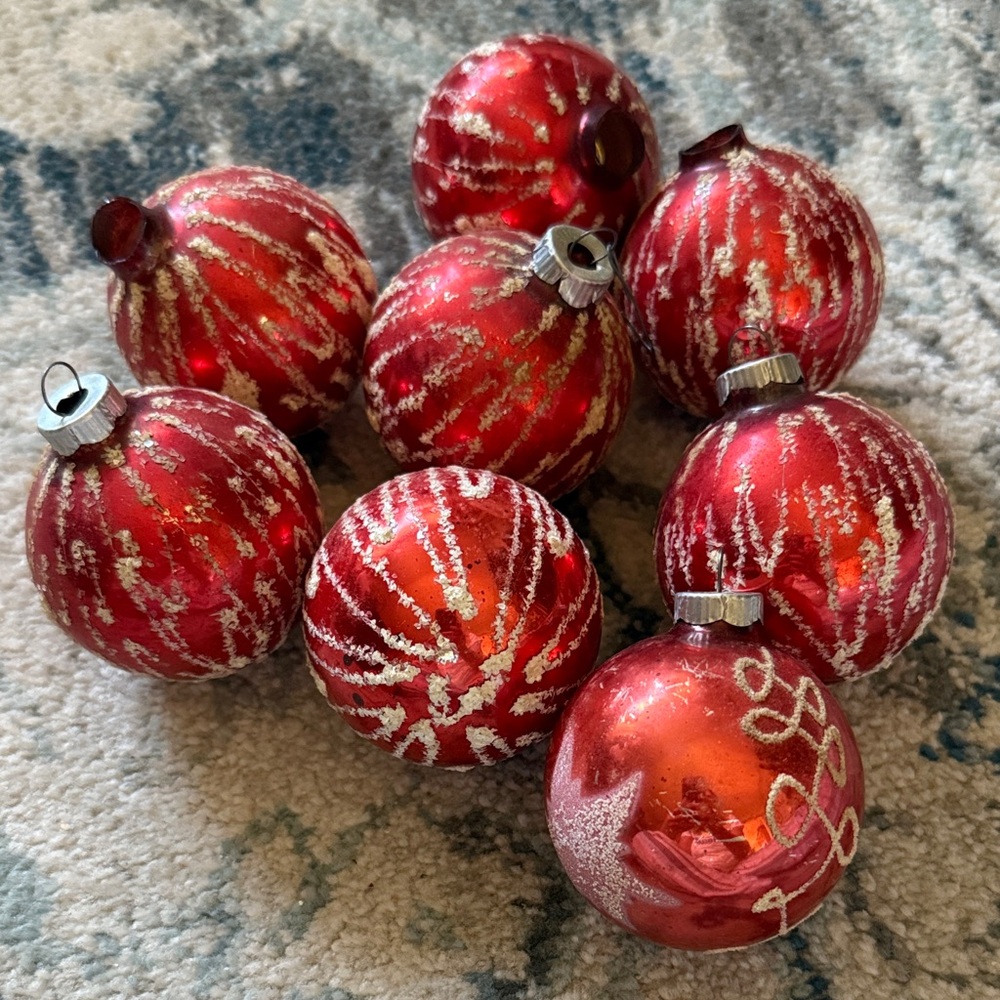 Vintage Mercury Glass  Red and White  Holiday Ornaments